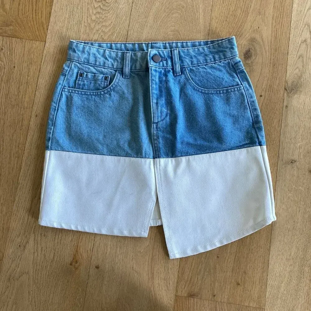 Denim and Leather Skirt in Blue and White